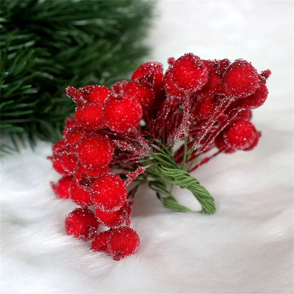 40heads Mini Christmas Frosted Artificial Berry Vivid Red Holly Berries Wedding Party Decoration Artificial Flowers Home Decor