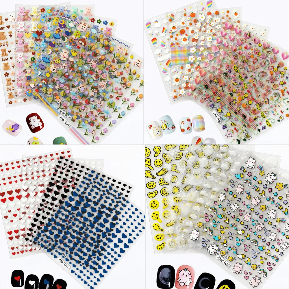 126Pcs Kawaii 3D Cartoon Bear/Heart Nail Stickers Colorful Christmas Bear Flowers Nail Art Decor DIY Self-Adhesive Girl Slider