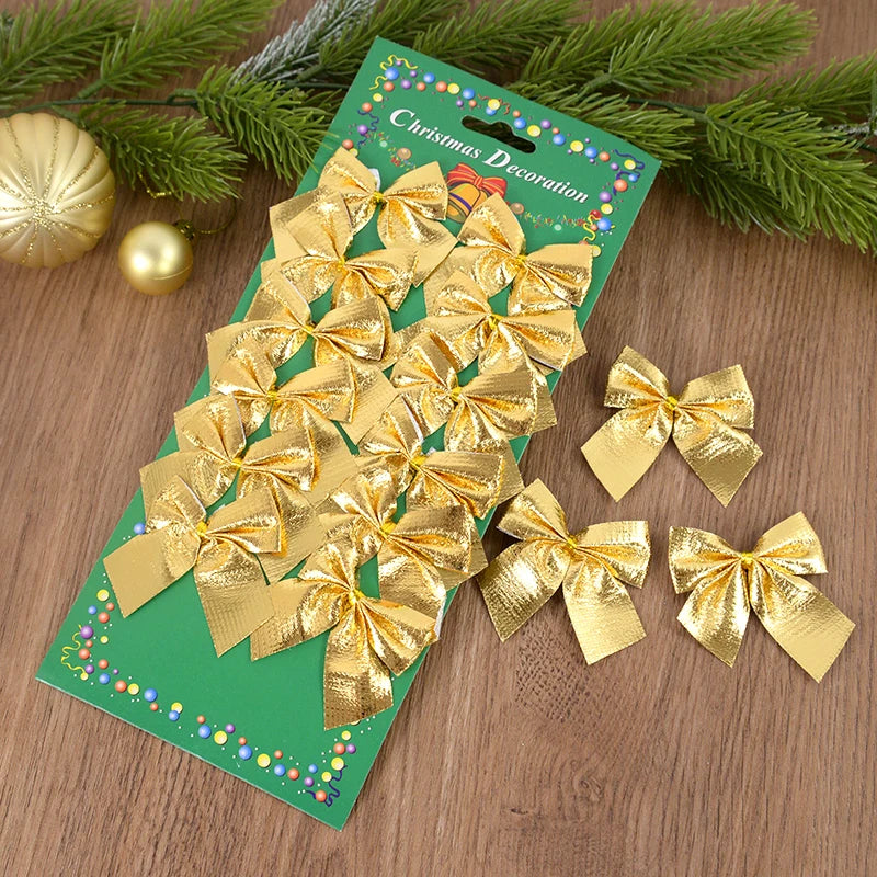 12/24pcs Christmas Bow Red Gold Mini Xmas Tree Bowknot Pendant Ornaments for Home Decoration Navidad New Year Party DIY Gifts