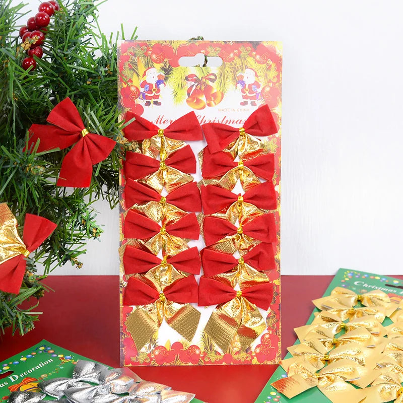 12/24pcs Christmas Bow Red Gold Mini Xmas Tree Bowknot Pendant Ornaments for Home Decoration Navidad New Year Party DIY Gifts