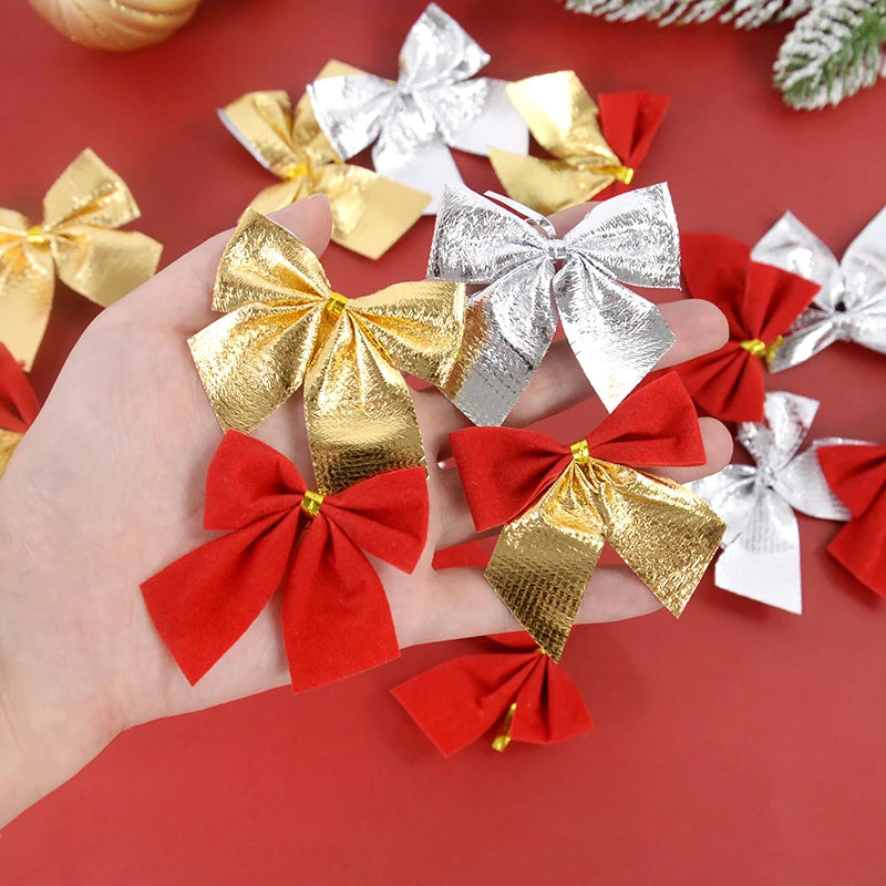 12/24pcs Christmas Bow Red Gold Mini Xmas Tree Bowknot Pendant Ornaments for Home Decoration Navidad New Year Party DIY Gifts