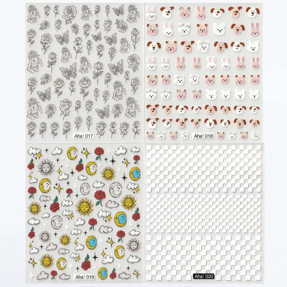 126Pcs Kawaii 3D Cartoon Bear/Heart Nail Stickers Colorful Christmas Bear Flowers Nail Art Decor DIY Self-Adhesive Girl Slider