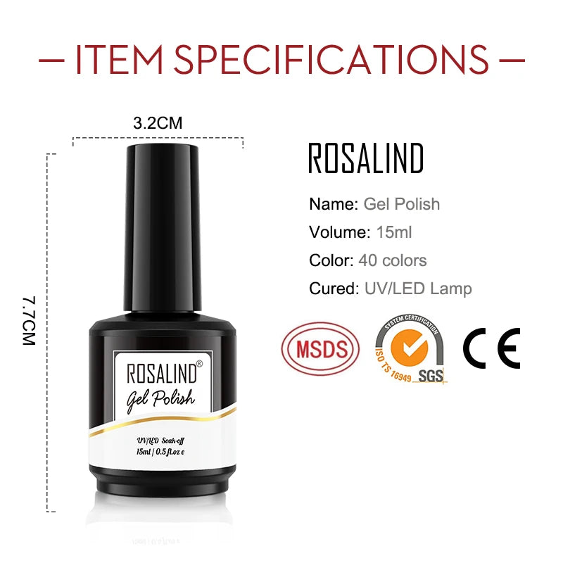 ROSALIND Mini/15ml Soak Off Pure Color Nail Gel Bright For Nail Art Design LED/UV Lamp Semi Permanent Need Base Top Coat