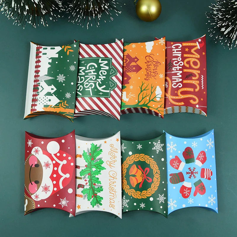 24/12pcs Christmas Pillow Shape Candy Box Merry Christmas Kraft Paper Gift Box Packging Kids Favors Happy New Year Navidad 2024